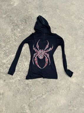 Kavio Black Hooded Long-Sleeve Top with Red Spider Graphic